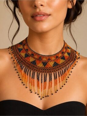 Handcrafted Orange & Black Beaded Fringe Statement Necklace